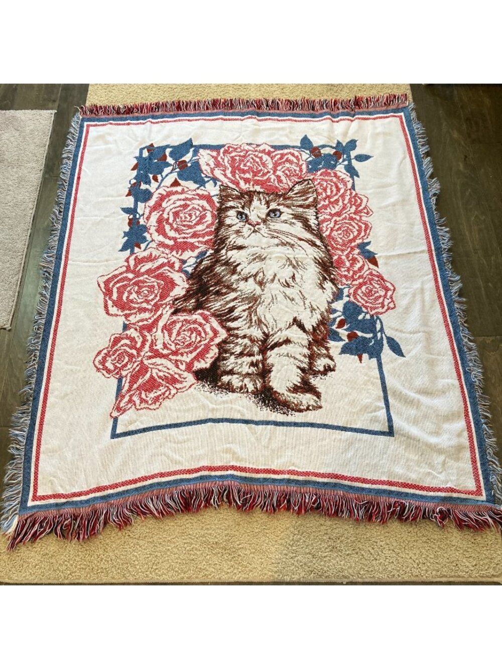 Vintage Beacon Kitten Rose Flower 58 x 51 in Throw Blanket Tapestry Knit Fringe